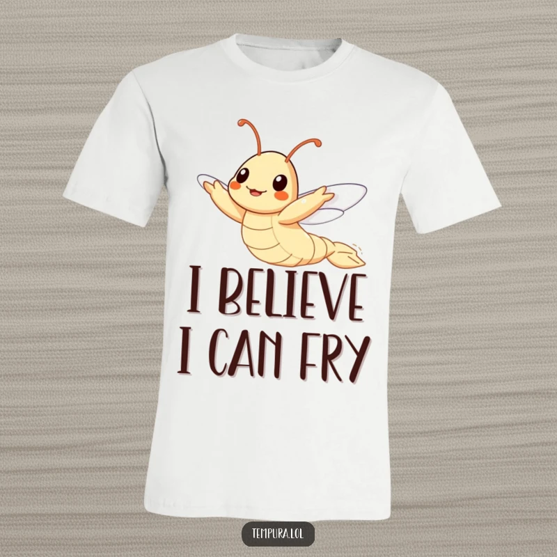 Funny Flying Tempura Shrimp T-Shirt, illustrated attempting to fly with great effort, conveying a humorous sense of aspiration.