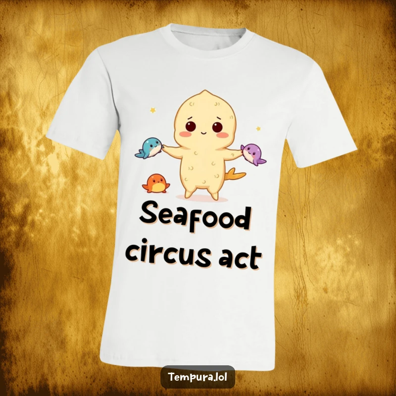 Funny tempura t-shirt depicting a tempura character impressively juggling three small sea creatures, showcasing comical coordination and seafood fun.