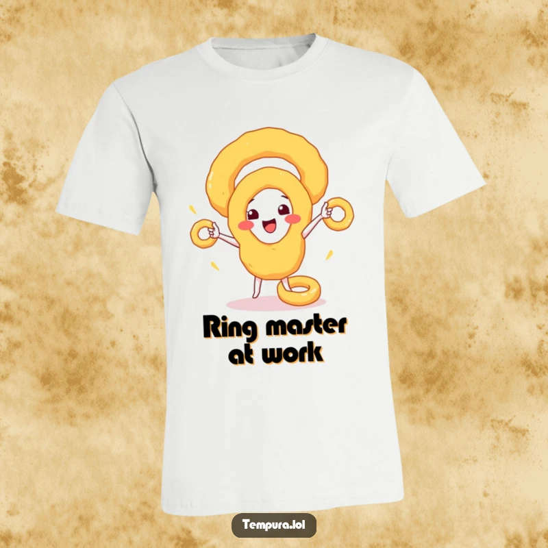 Funny T-Shirt: A happy tempura onion ring character performing a juggling act with smaller rings, full of edible comedy.