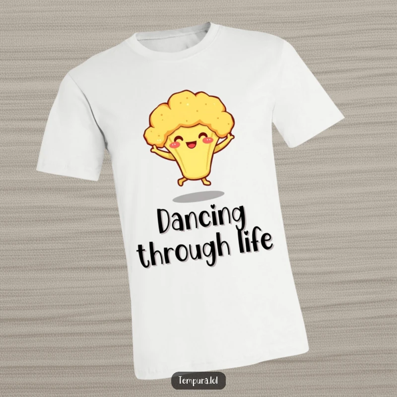 Funny t-shirt with a smiling tempura broccoli character joyfully dancing on little legs, embodying pure vegetable enthusiasm.