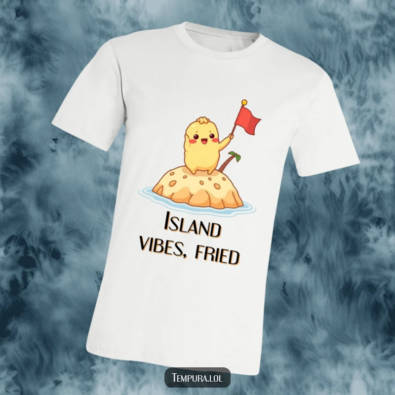 Funny tempura character excitedly waving a tiny flag on a delicious island on a T-shirt, embodying adventure and joy.
