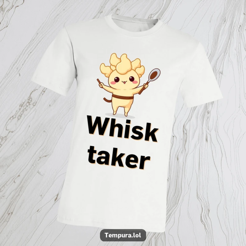 Funny Tempura T-Shirt: An anthropomorphic tempura character skillfully juggles a small whisk and spoon, ideal for a funny gift for kitchen wizards.