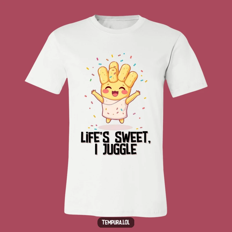 Funny Tempura Sprinkle Juggling T-Shirt: Cheerful Character Tee for Playful Style