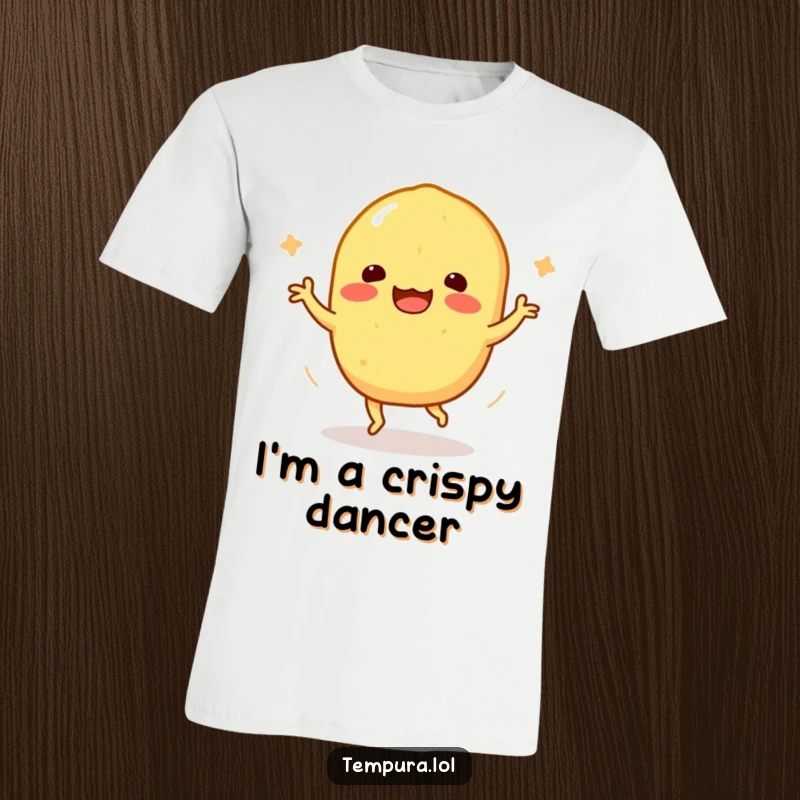 Funny Tempura Sweet Potato T-Shirt: A golden-brown tempura sweet potato character is captured mid-happy dance, looking delicious.