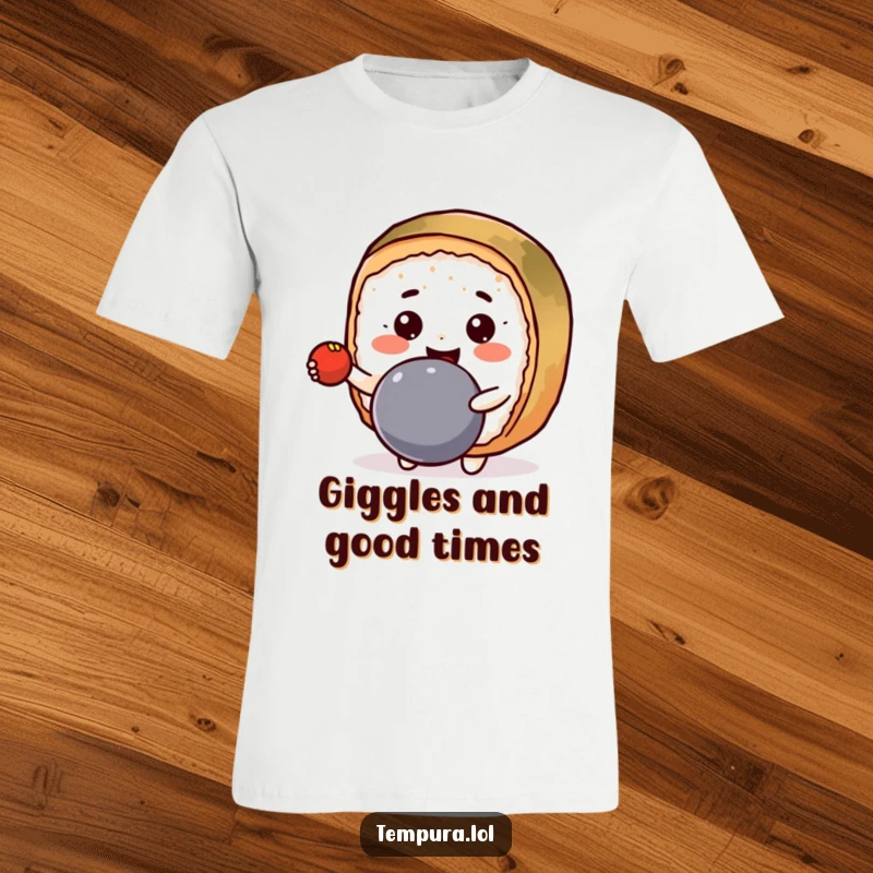 Funny T-Shirt displaying a cheerful Kawaii sushi roll character enthusiastically bouncing a ball with a big smile.