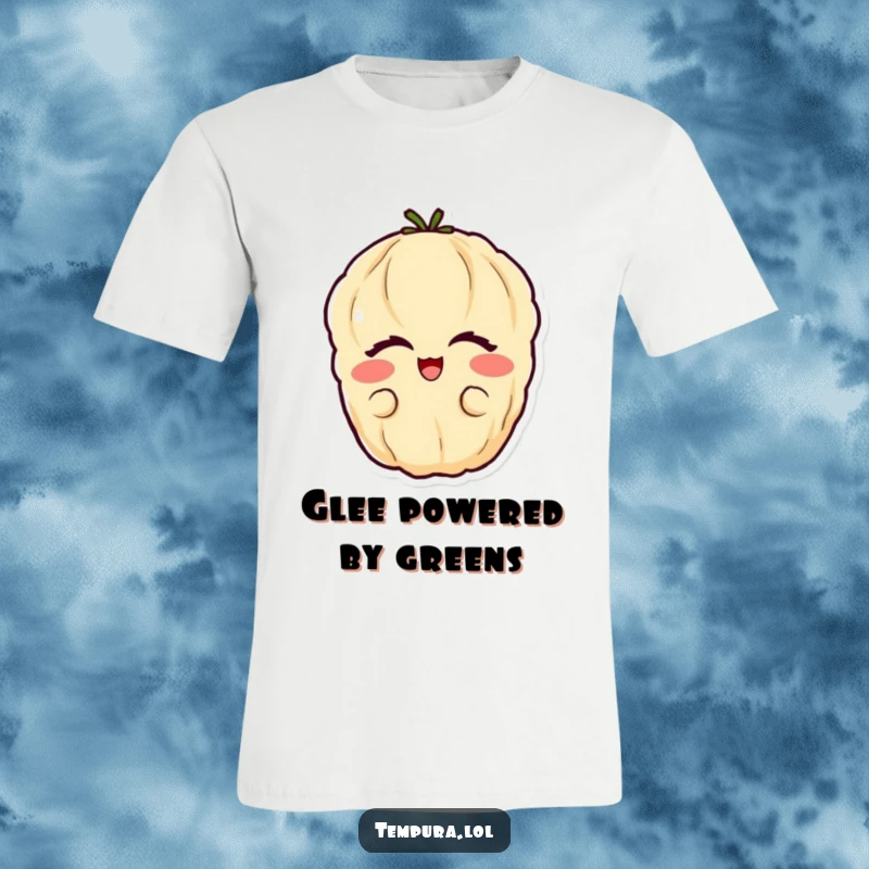 Funny vegetable tempura t-shirt depicting a happy tempura vegetable with eyes closed in pure, blissful glee.