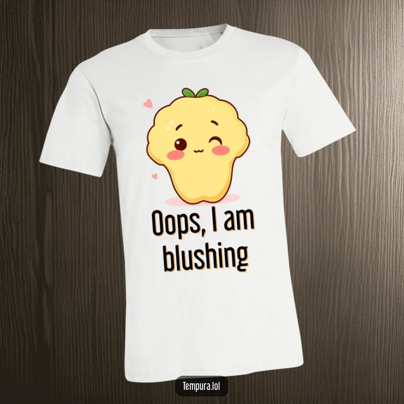 Funny tempura sweet potato with a surprised blush on a t-shirt, showcasing a cute and hilarious food character.