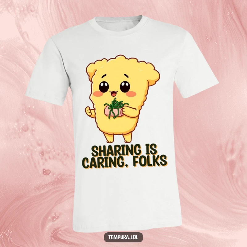 Funny Tempura Character T-Shirt: A tempura piece politely offers a tiny seaweed snack, depicting humorous generosity and friendship.