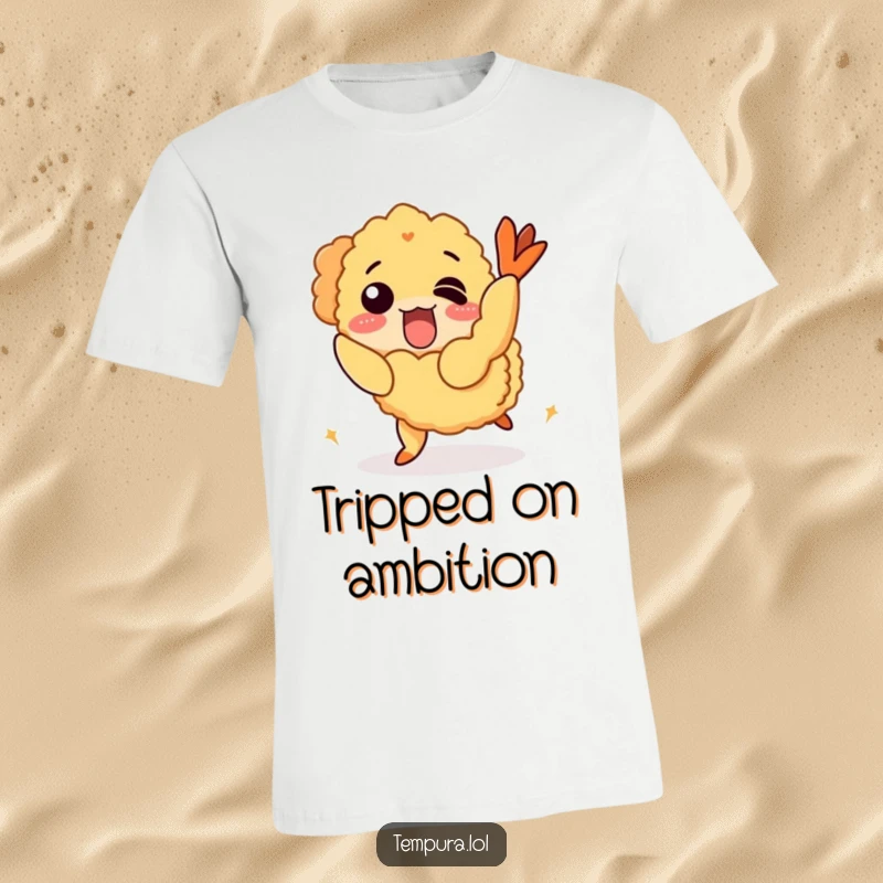 Funny T-Shirt depicting a cute tempura shrimp character comically losing its balance on its crispy shell.