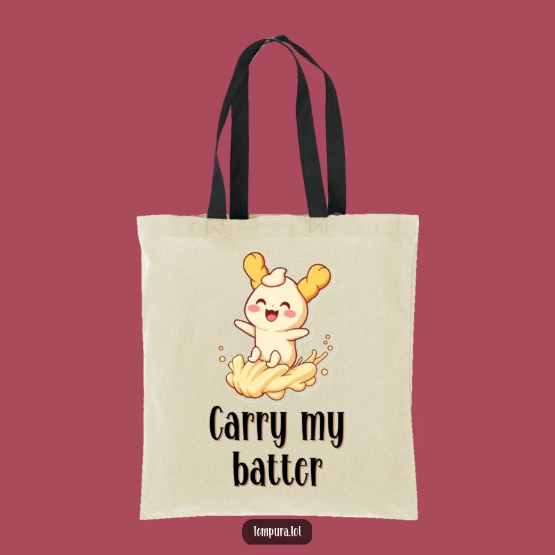Funny Tempura Wave Rider Tote Bag: Joyful Fried Character Riding Delicious Batter