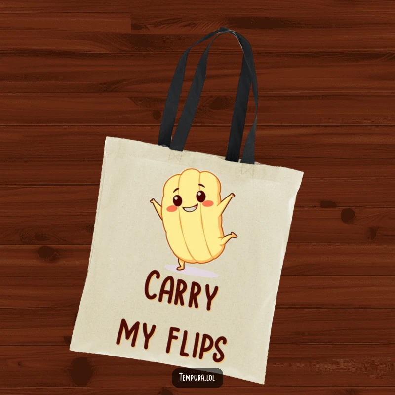 Funny Kawaii tempura character with a big grin, doing a cartwheel on a tote bag, ideal for everyday use.