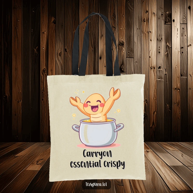 Funny tempura shrimp character joyfully leaping out of a cooking pot, designed on a durable tote bag.