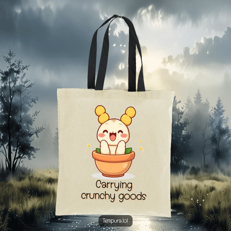 Funny Tempura Tote Bag: A charming tote bag featuring a funny piece of tempura jumping into a pot.
