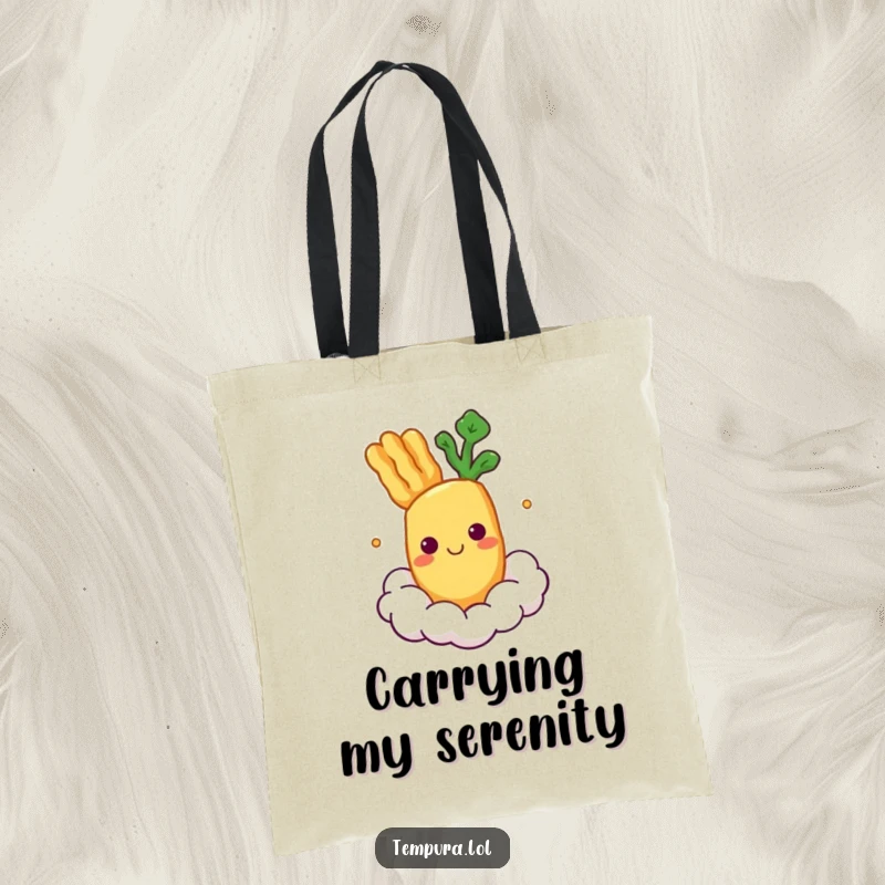 Funny Tote Bag with a smiling tempura vegetable character floating peacefully on a cloud.