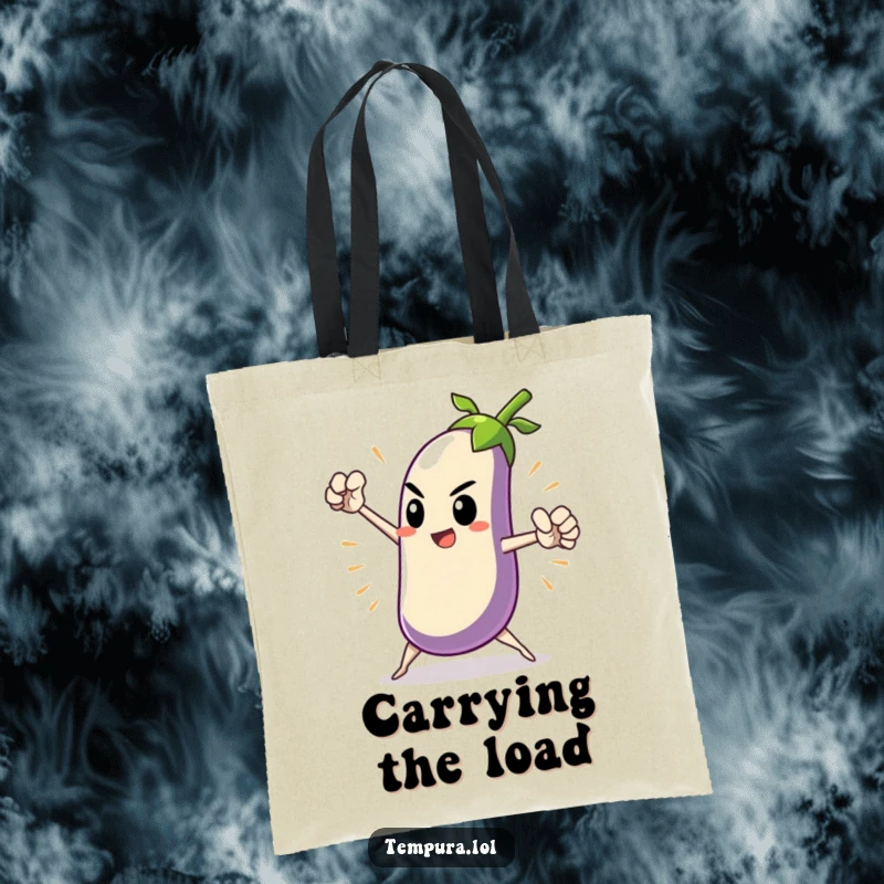 Funny Heroic Tempura Eggplant Tote Bag featuring a tempura eggplant character in a dramatic, heroic pose, a humorous and stylish accessory.