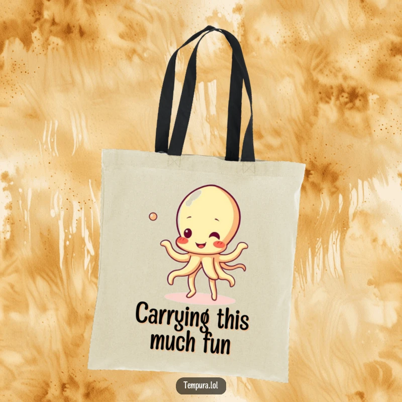 Funny Tempura Squid Tote Bag illustrating a cheerful tempura squid character performing an energetic bubbly dance, great for errands.