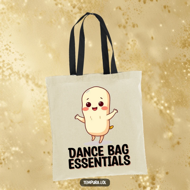 Funny tempura tote bag with a smiling tempura character excitedly performing a small, silly dance, perfect for carrying your goodies with glee.