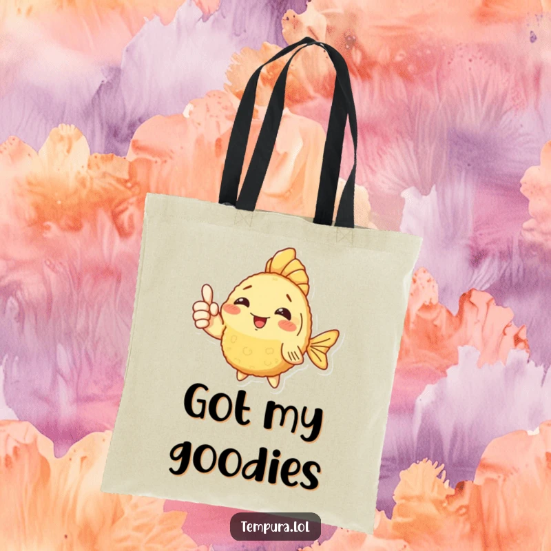 Funny Fish Tempura Tote Bag: A fish tempura character gives a thumbs up, perfect for carrying your items with flair.