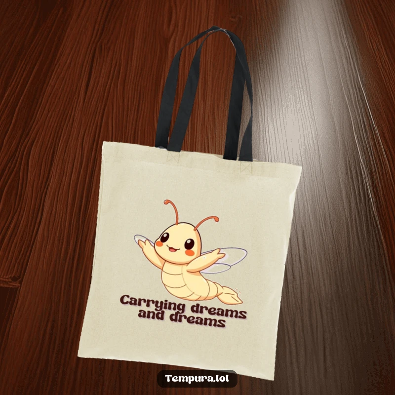 Funny Flying Tempura Shrimp Tote Bag, illustrated attempting to fly, perfect for carrying dreams and essentials with a humorous touch.