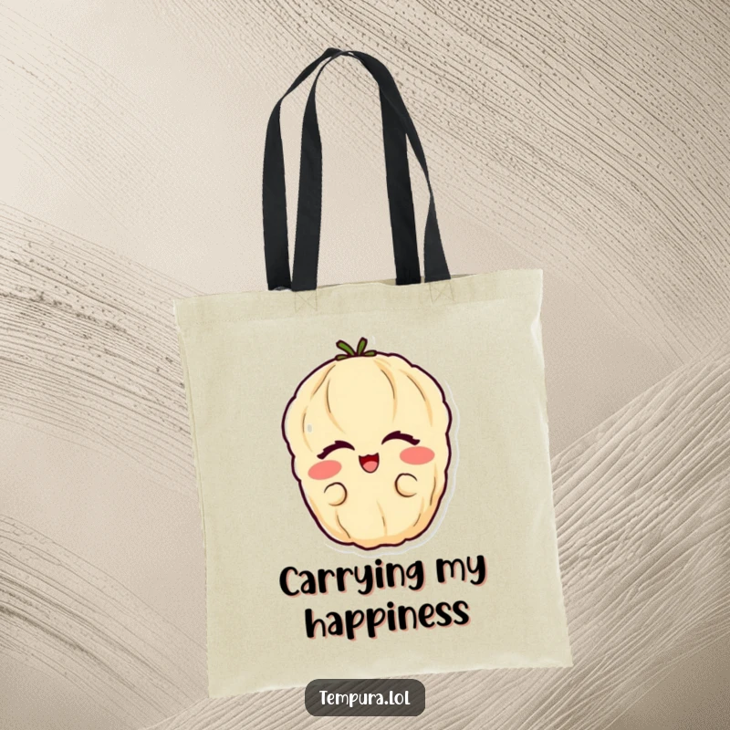 Funny vegetable tempura tote bag showcasing a happy tempura vegetable with eyes closed in glee.