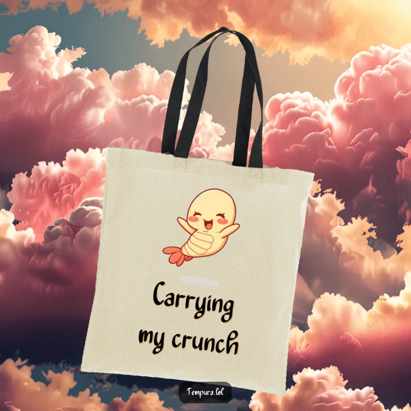 Funny tempura shrimp tote bag showcasing a lively, jumping shrimp character, perfect for grocery runs and more.