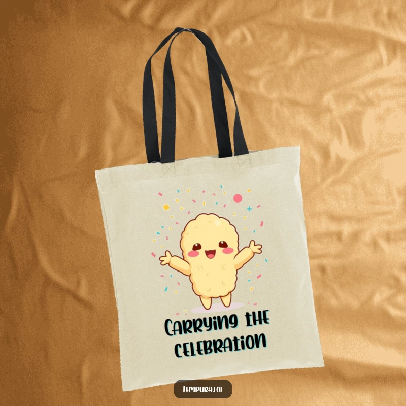Funny tote bag showcasing a Kawaii tempura shrimp character with arms outstretched, embracing a shower of confetti.