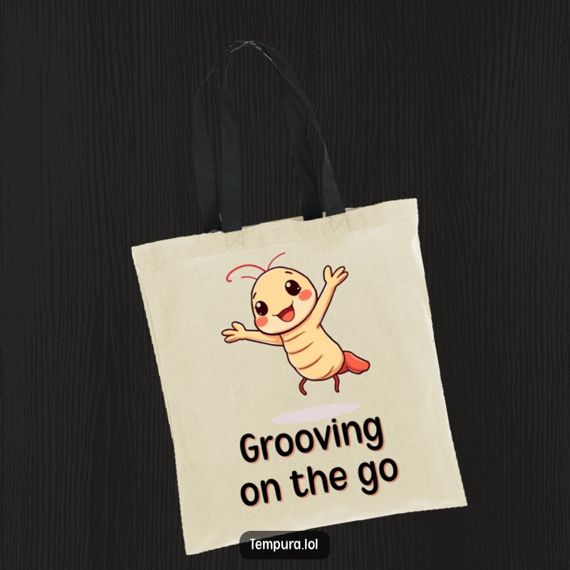 Funny tote bag showcasing a Kawaii tempura shrimp character doing a cheerful, energetic dance.