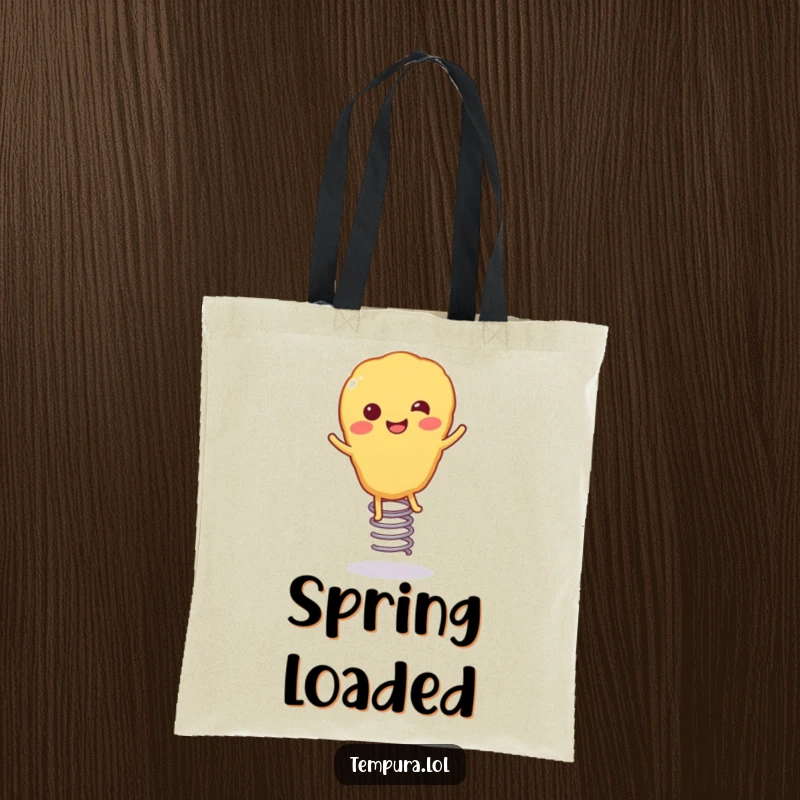 Funny Tempura Tote Bag: A happy piece of tempura food with springy legs, shown bouncing with infectious energy and a bright smile.