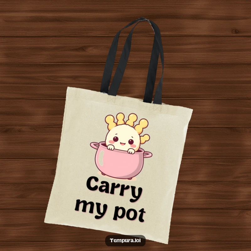 Funny happy tempura character peeking out from a steaming, cheerful pot on a tote bag, perfect for everyday use.