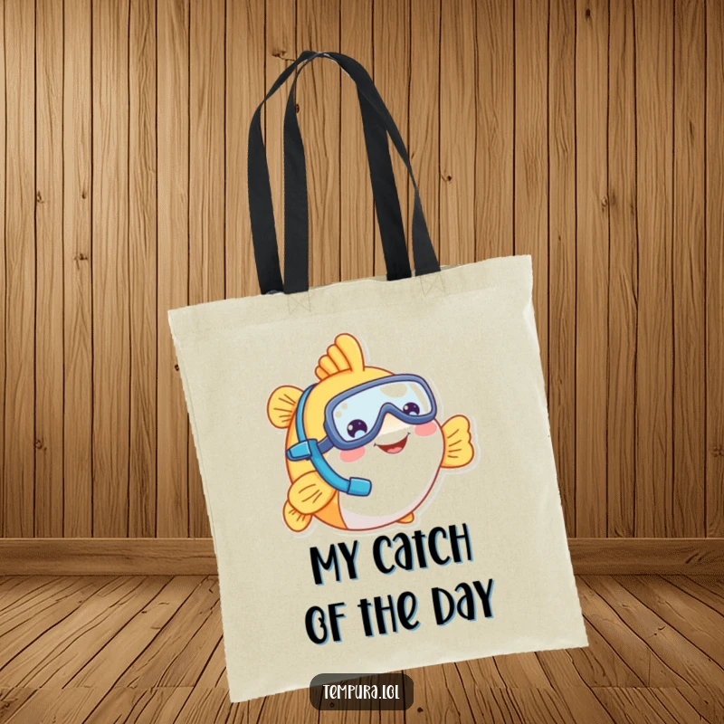 Funny tempura fish wearing a tiny snorkel, smiling, ready for an adventure, ideal for a stylish and funny tote bag.