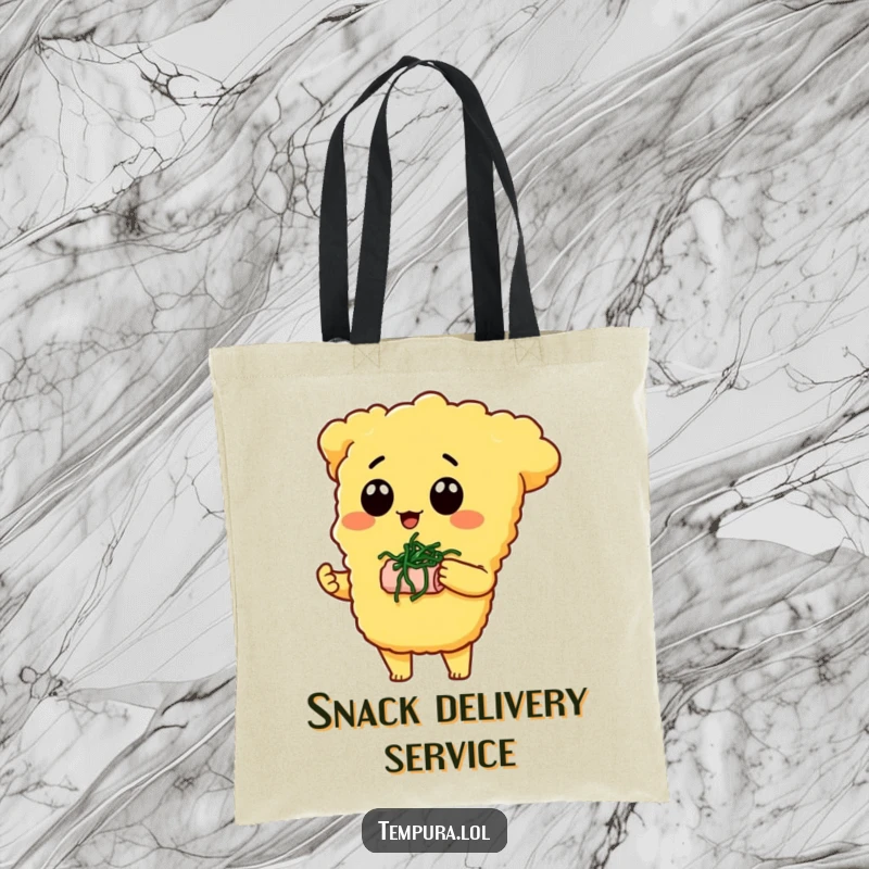Funny Tempura Tote Bag: A tempura piece offers a tiny seaweed snack, embodying humorous generosity and a love for sharing treats.