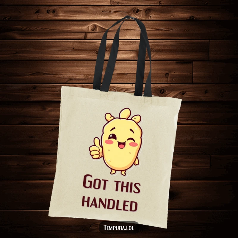 Funny tempura character winking and giving a thumbs up on a durable tote bag, symbolizing approval and positivity.