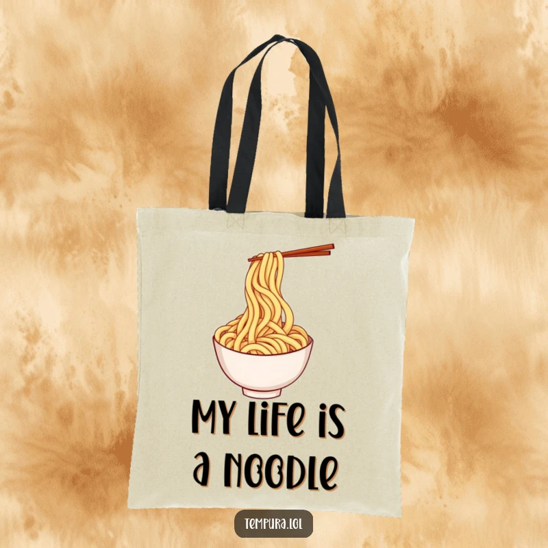 Funny tempura udon noodle tote bag featuring a playful, twirling noodle character, great for shopping.