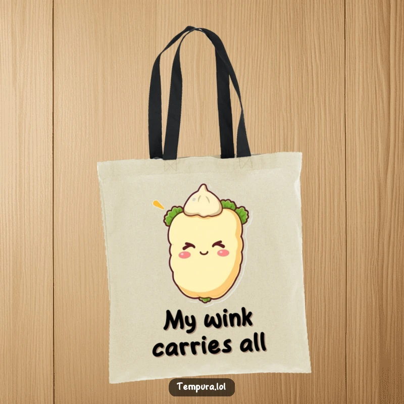 Funny tempura vegetable winking on a tote bag, perfect for stylish and humorous everyday use.