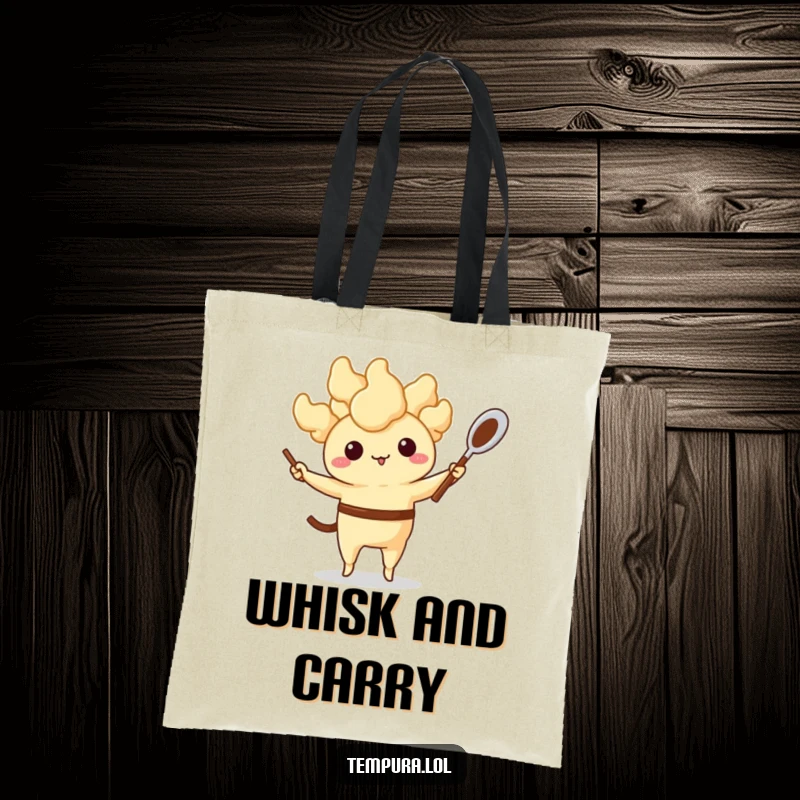 Funny Tempura Tote Bag: An anthropomorphic tempura character juggles a whisk and spoon, adding a humorous and practical touch for shoppers.
